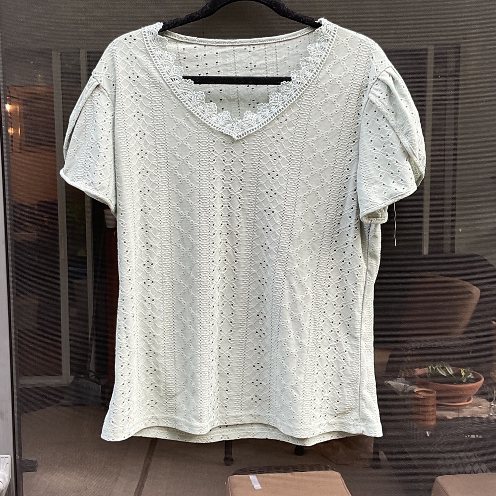 Elegant Light Green Eyelet Top, Size XL
